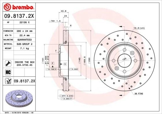 BREMBO 09.8137.2X | Fren Diski Ön Büyük Hava Kanallı Clio V 1.3 H5h 1.5 K9k Scenic I 1.6 K9k Kaplamalı Delikli | 2 Adet