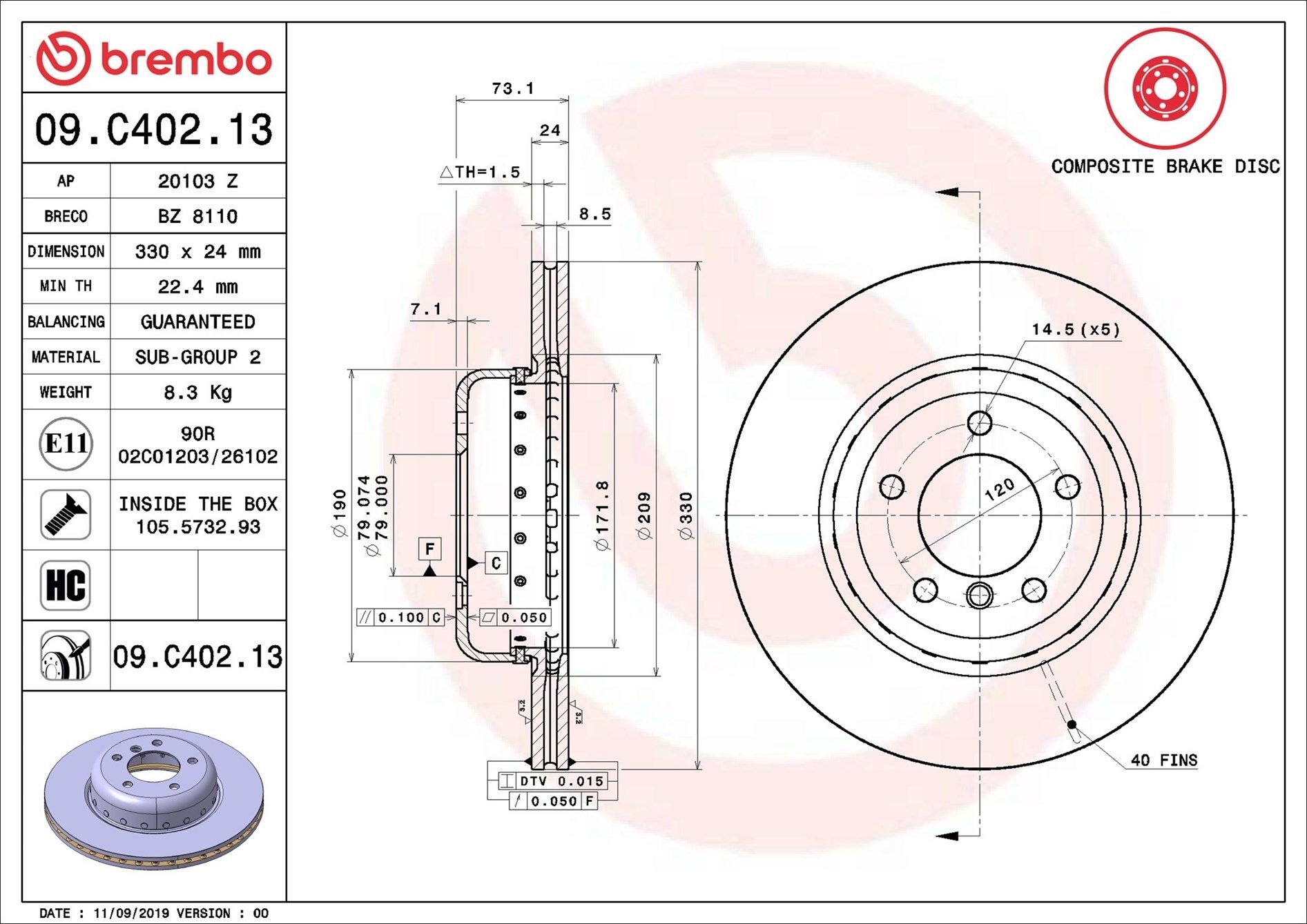 BREMBO 09.C402.13 | Fren Diski Ön Composıte BMW | 2 Adet