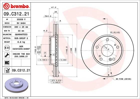 BREMBO 09.C312.21 | Fren Diski Ön Havalı-(280-5)-(Karbon Kaplamalı)-(Honda Civic 2012 /) | 2 Adet