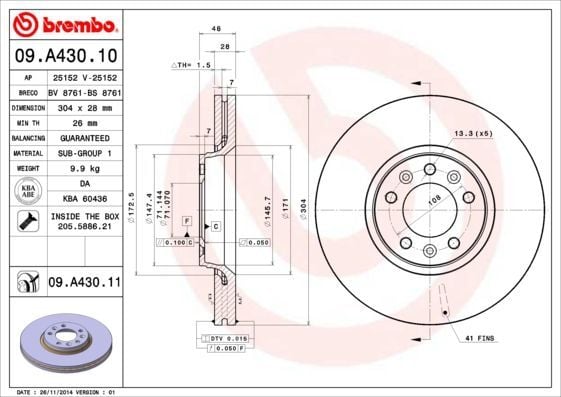 BREMBO 09.A430.10 | Fren Diski Peugeot Expert Tepee / 407 / Citroen Jumpy III / C5 / X7 04-304mm Takım Ön | 2 Adet