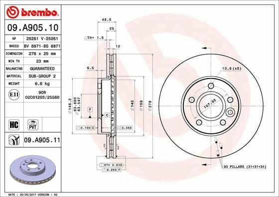 BREMBO 09.A905.11 | Fren Diski Mazda 3 03-Ön | 2 Adet