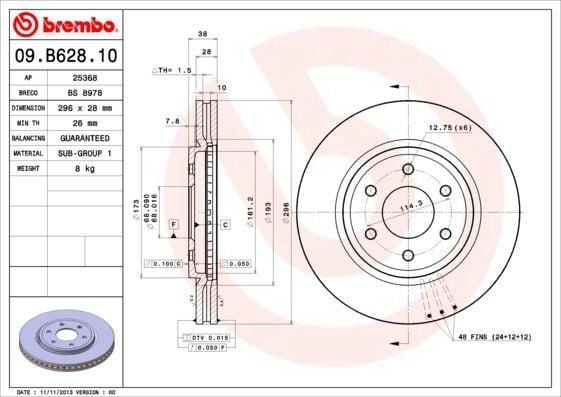 BREMBO 09.B628.10 | Fren Disk Ön Hava Kanallı 296-6 (Nissan Navara 05 / 11 / Pathfinder 05 / 11) (16 Jant) | 1 Adet