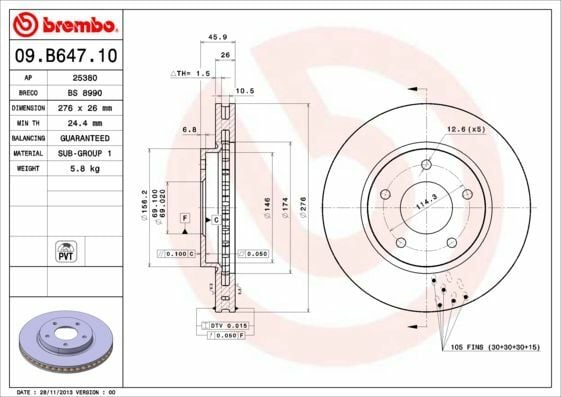 BREMBO 09.B647.11 | Fren Diski Lancer 1.5 / 1.6 / 1.8 08-Ön | 2 Adet