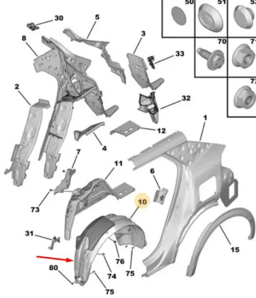 PSA 9832023580 | Peugeot 2008 2020-2023 Sol Arka Çamurluk Davlumbaz Orijinal