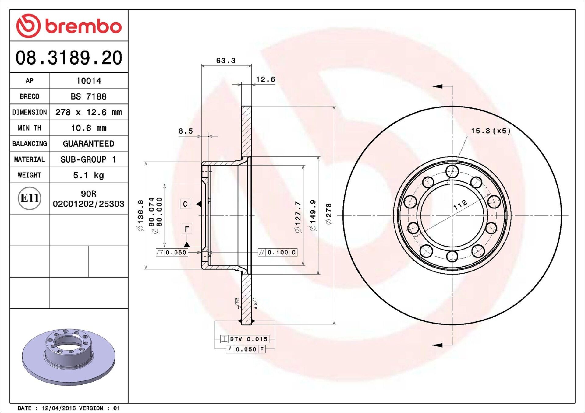 BREMBO 08.3189.20 | Fren Diski Ön W123