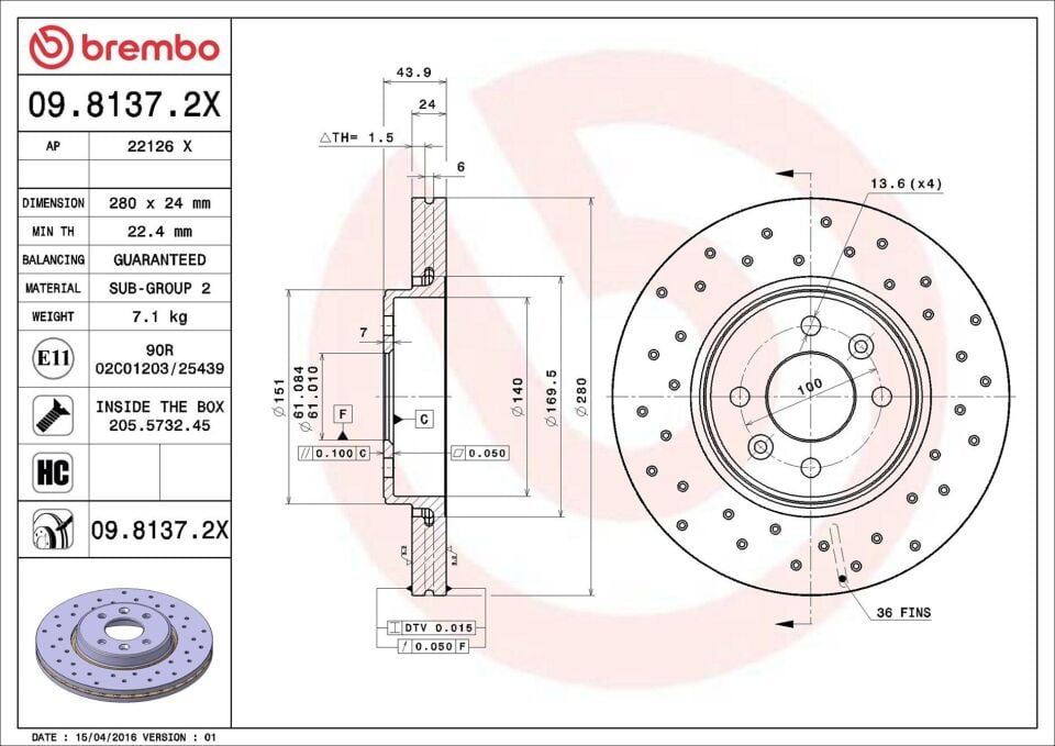BREMBO 09.8137.2X | Fren Diski Ön Büyük Hava Kanallı Clio V 1.3 H5h 1.5 K9k Scenic I 1.6 K9k Kaplamalı Delikli 1 Adet Fiyat