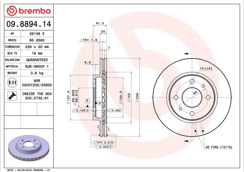 BREMBO 09.8894.14 | Fren Diski Ön Havalı 239 mm (Lada: Vega) | 2 Adet