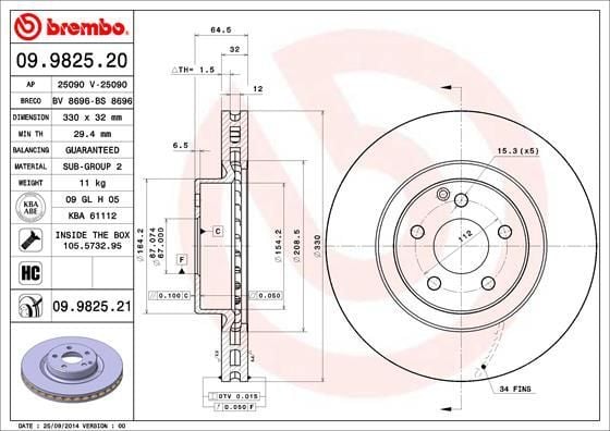 BREMBO 09.9825.21 | Fren Diski 211 / 204 / 219 Ön E 350 / 400 / 500 / Gla | 2 Adet