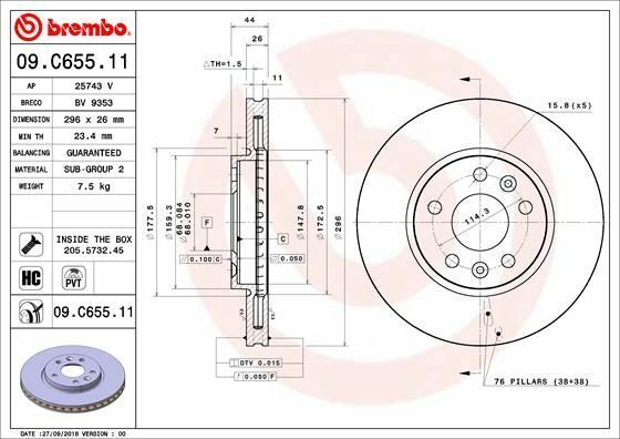 BREMBO 09.C655.11 | Renault Talisman 2015- 1.6 dCi Ön Fren Disk Takımı 296x5D