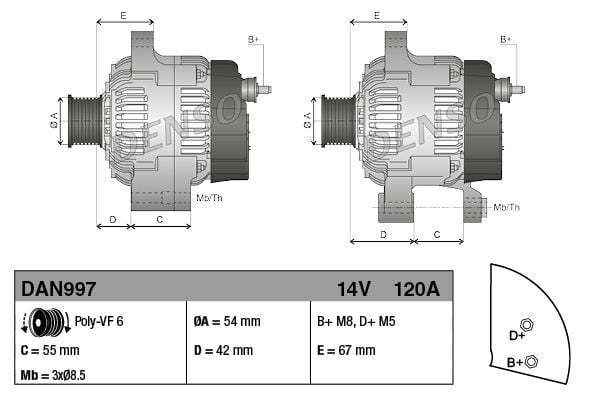 DENSO DAN997 | Alternatör 12V 120A Klimalı (Fiat: Doblo 1.3 JTD 05-Fiorino 1.3 D Mjt 07-Grande Punto 1.3 Mtj 05-Panda 1.3 D Mjt 12-/ Citroen: Nemo 1.3Hdı 10-/ Peugeot: Bipper 1.3 10-Alfa Romeo: Mıto 1.3 Mtj 09-18)