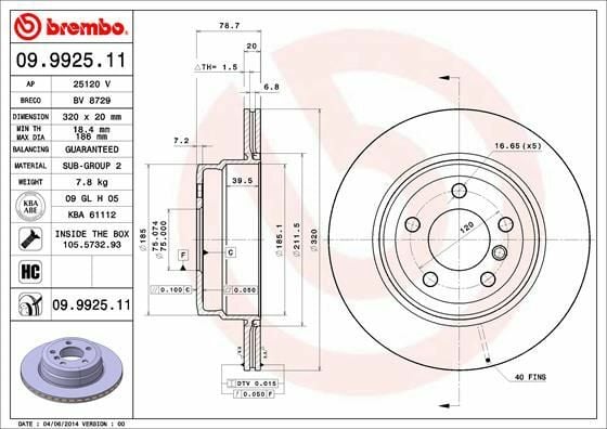 BREMBO 09.9925.11 | Fren Diski E-70 / 71 Arka Tek | 2 Adet