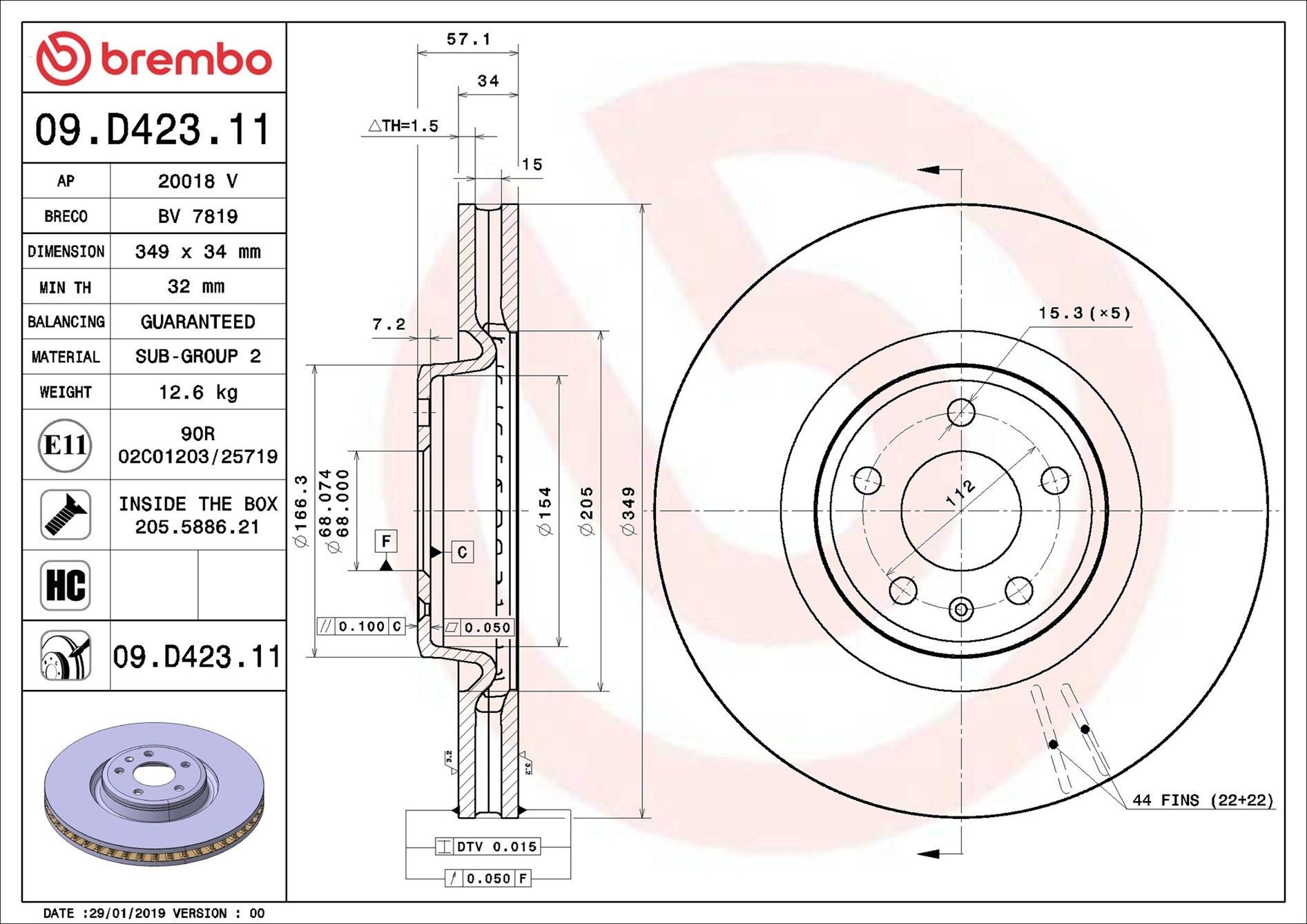 BREMBO 09.D423.11 | Fren Diski Ön (VW Touareg 18- Audi A4 16- A5 17- Q5 17- Q7 16 -) | 1 Adet