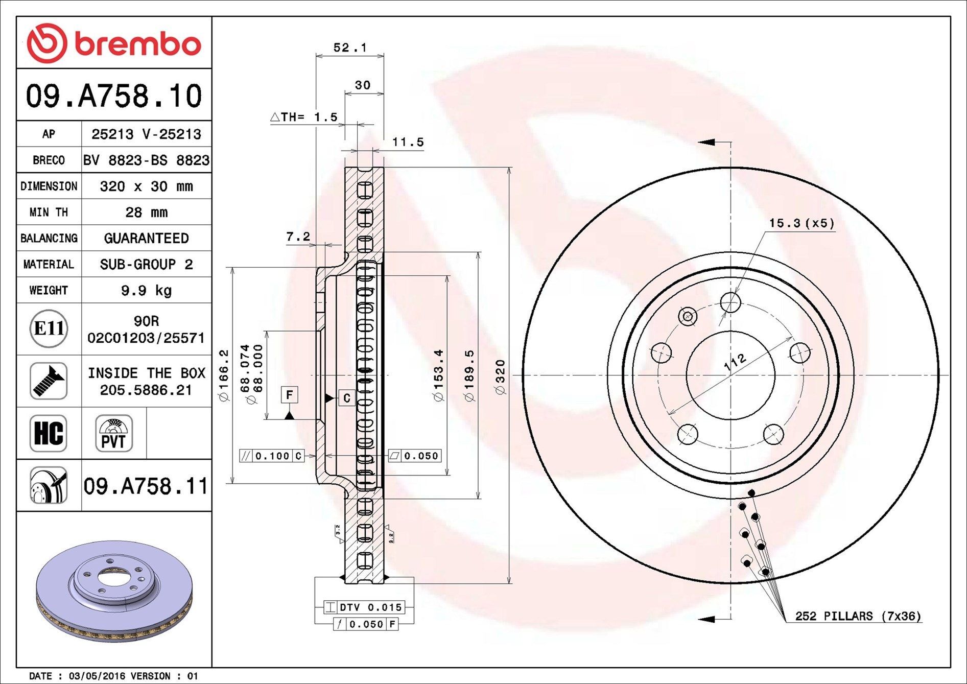 BREMBO 09.A758.11 | Fren Diski Ön Kaplamalı (Audi A4 08-16 A5 08-11 Q5 09-12) | 1 Adet