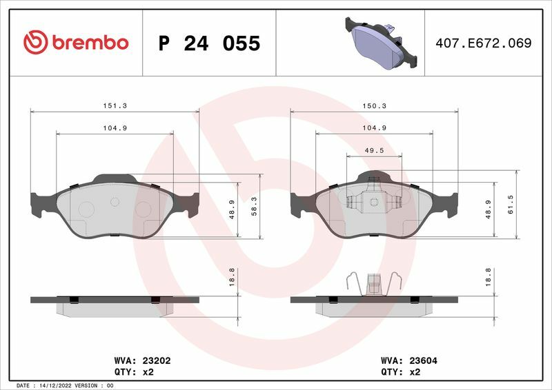 BREMBO P24055 | Fren Balatası Yaris Mazda 2 06-Ön