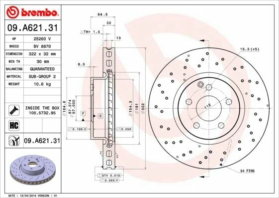 BREMBO 09.A621.31 | Fren Diski 204 / 212 / 207 Ön Amg | 2 Adet