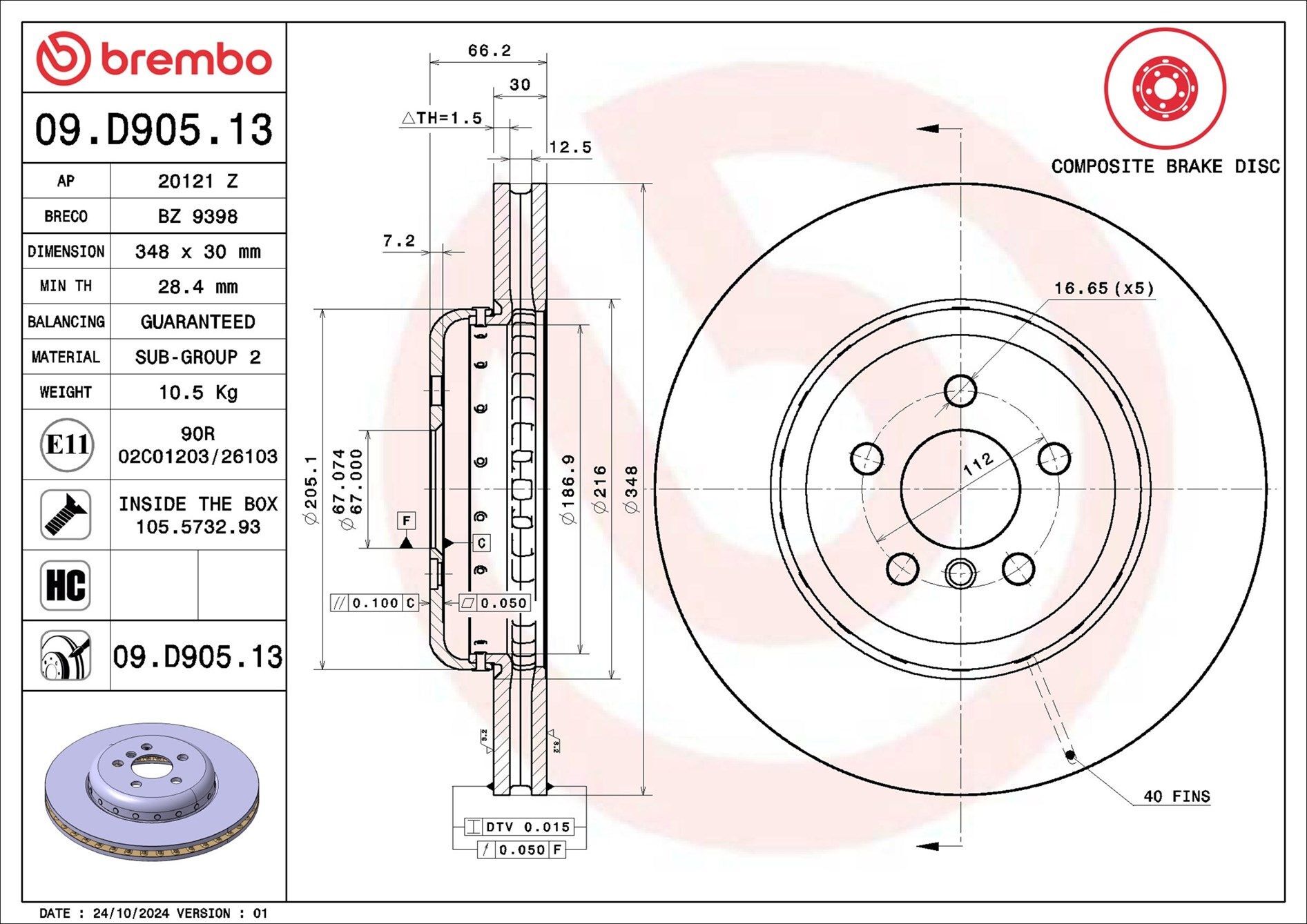 BREMBO 09.D905.13 | Fren Diski Ön BMW G01 / 02 / 05 / 11 / 30 / 530 / 730 / 3.0İ-D | 1 Adet