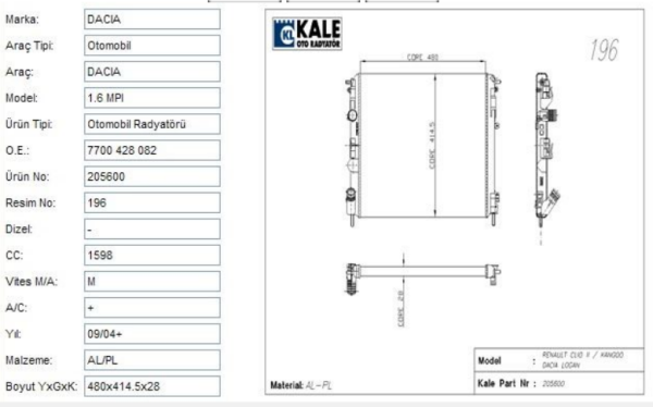 KALE 0528292AL | Radyatör 2S-Al Clio-Log 1.4-1.5 DCI + Ac 732621
