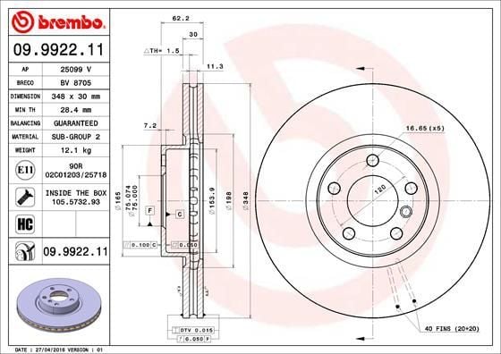 BREMBO 09.9922.11 | Fren Diski E-70 / 71 Ön Tek