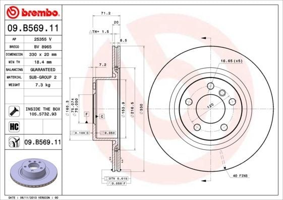 BREMBO 09.B569.11 | Fren Diski F-25 / 26 Arka Tek | 2 Adet