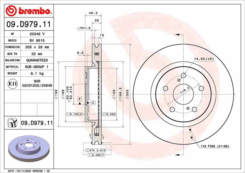 BREMBO 09.D979.11 | Fren Diski Camry / Rav4 17-19 Ön | 2 Adet