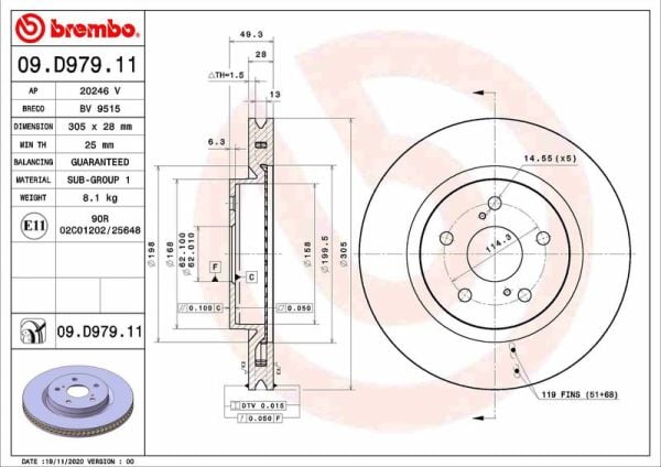 BREMBO 09.D979.11 | Fren Diski Camry / Rav4 17-19 Ön | 2 Adet