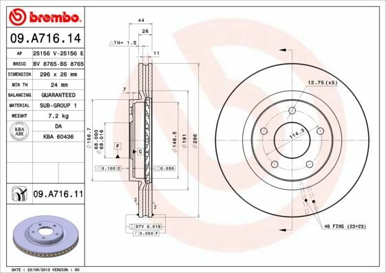 BREMBO 09.A716.14 | Fren Diski Ön Havalı-(296-5)-(Nissan Qashqai 07 / 12 / Xtrail 08 / 12) | 2 Adet
