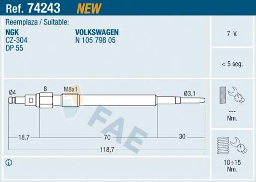 FAE 74243 | Kızdırma Bujisi 7V Passat Bkp Touran Golf Jetta A3 A4 A6 2.0 TDI Altea Leon Toledo III 2.0 TDI Octavia