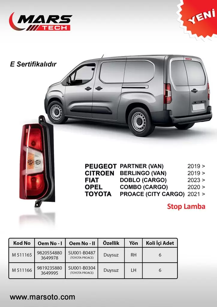MARS 511166 | Stop Lambası Sol Çift Kapı Rifter Berlingo Doblo Combo E (Duysuz) 19 >