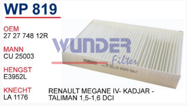 WUNDER WP819 | Renault Megane 4 2015- Polen Filtresi Karbonsuz Tüm Modeller