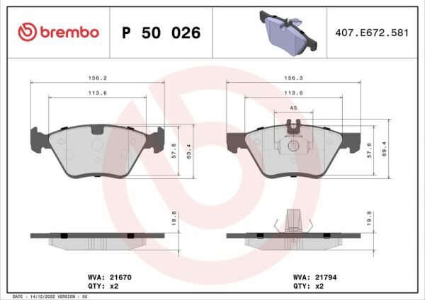 BREMBO P50026 | Fren Balatası (Mercedes W210 On Komp. 6 Sıl.)