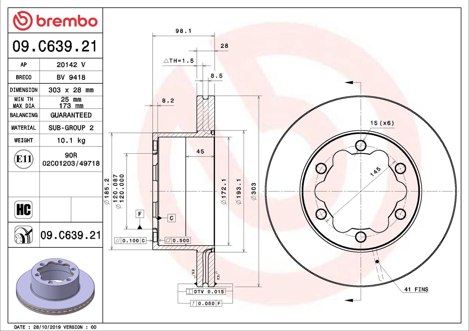 BREMBO 09.C639.21 | Fren Diski Arka Hava Kanallı 303-6-(303×28×120×98 VW Crafter 2.0 TDI Çift Teker 2018 / /) | 2 Adet