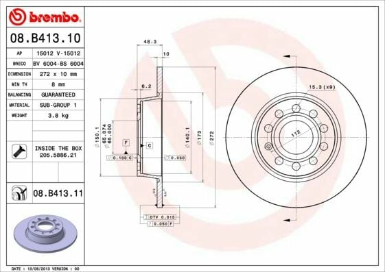 BREMBO 08.B413.10 | Fren Diski Arka (VW Caddy 11-Golf 09-Passat 13-15 Audi A3 09-Seat Leon 13 -) | 2 Adet