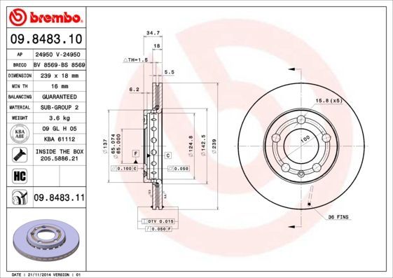 BREMBO 09.8483.11 | Fren Diski Ön Kaplamalı (VW Polo 02-10 Skoda Fabia 00-10) | 2 Adet
