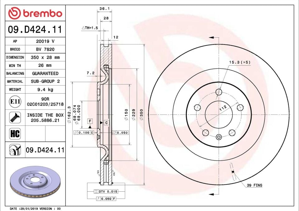 BREMBO 09.D424.11 | Fren Diski Arka Audi Q7 Touareg 19 - | 2 Adet