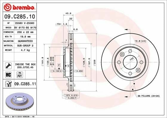 BREMBO 09.C285.11 | Fren Diski Ön Kaplamalı (Renault Clio IV Symbol II III 12-/ Dacia Logan II Sandero II 12 -) | 2 Adet