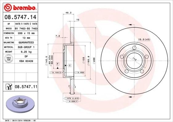 BREMBO 08.5747.11 | Fren Diski Ön Kaplamalı 288 mm Audi 100 91-94 A4 95-97 A6 95-97 | 2 Adet
