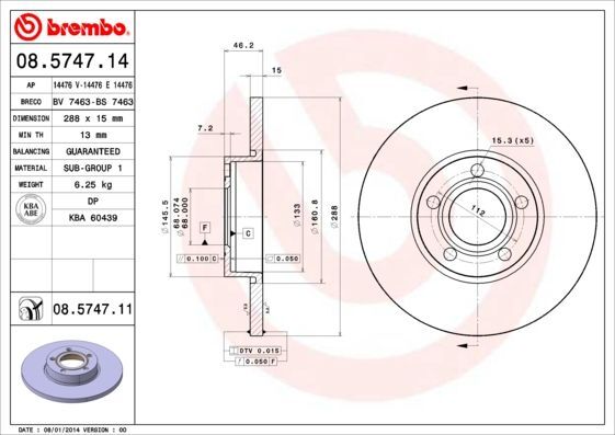 BREMBO 08.5747.11 | Fren Diski Ön Kaplamalı 288 mm Audi 100 91-94 A4 95-97 A6 95-97 | 2 Adet
