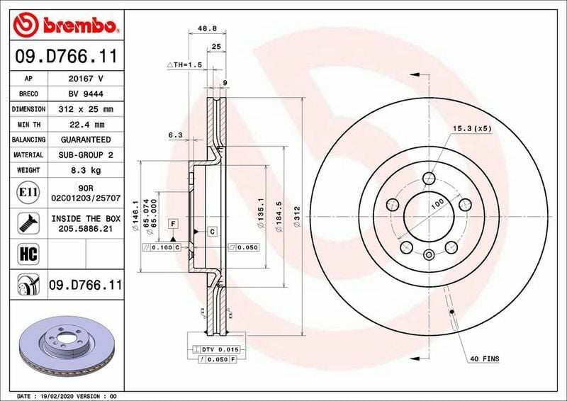BREMBO 09.D766.11 | Fren Diski Ön Havalı (312-5) (VW Polo VI 2.0 Gtı 17 -) | 2 Adet