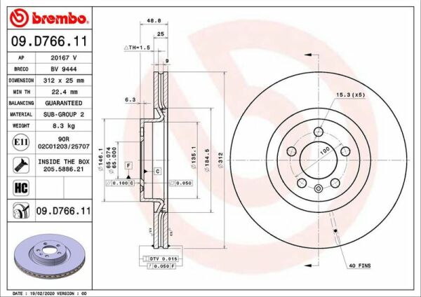 BREMBO 09.D766.11 | Fren Diski Ön Havalı (312-5) (VW Polo VI 2.0 Gtı 17 -) | 2 Adet
