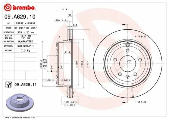 BREMBO 09.A629.10 | Fren Diski Arka Havalı (303-5)-(Chevrolet Captiva 07 / 12 / Opel Antara 07 / 12) | 2 Adet
