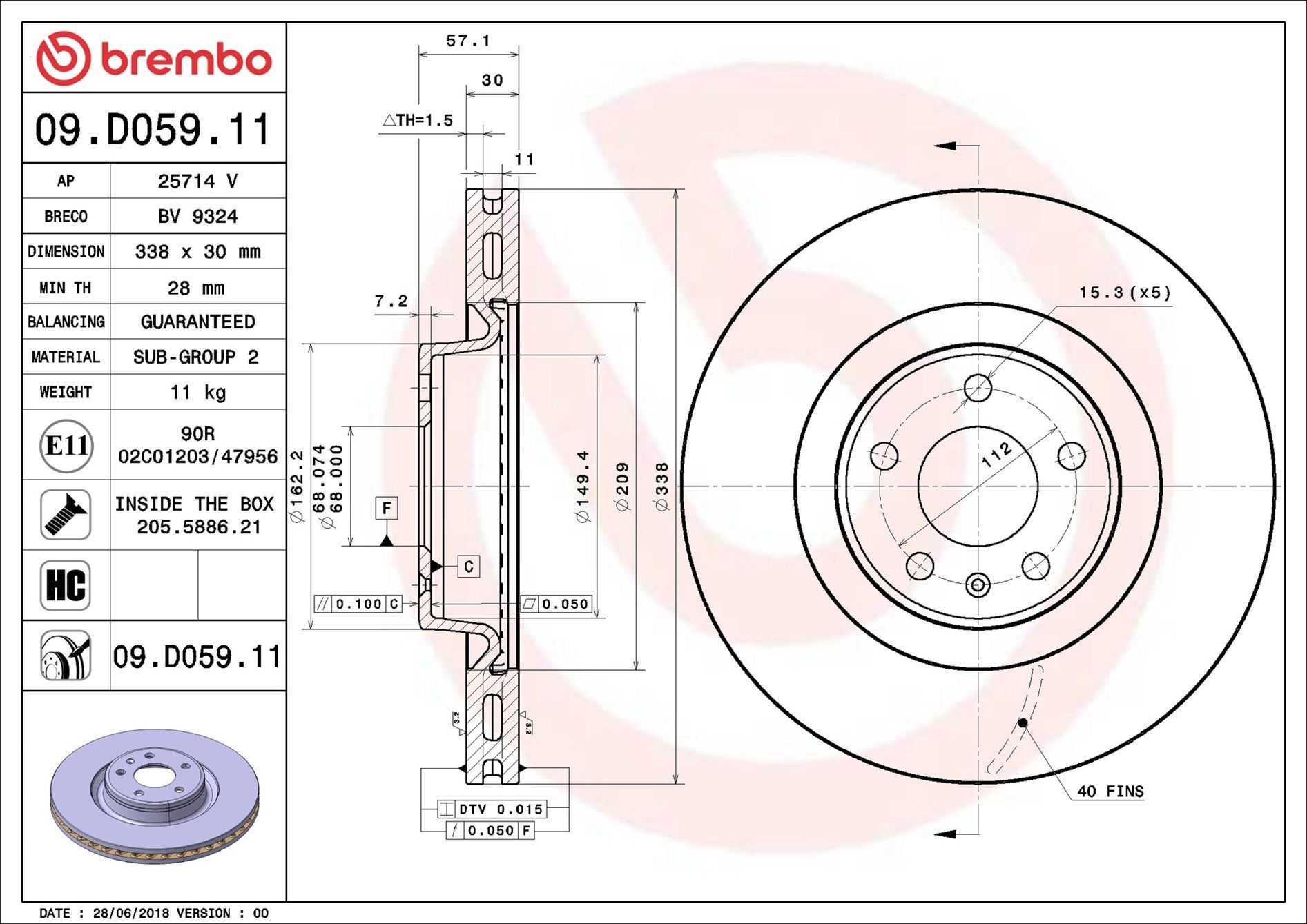 BREMBO 09.D059.11 | Fren Diski Ön (Audi A4 16-A6 19-Q5 17 -) | 2 Adet