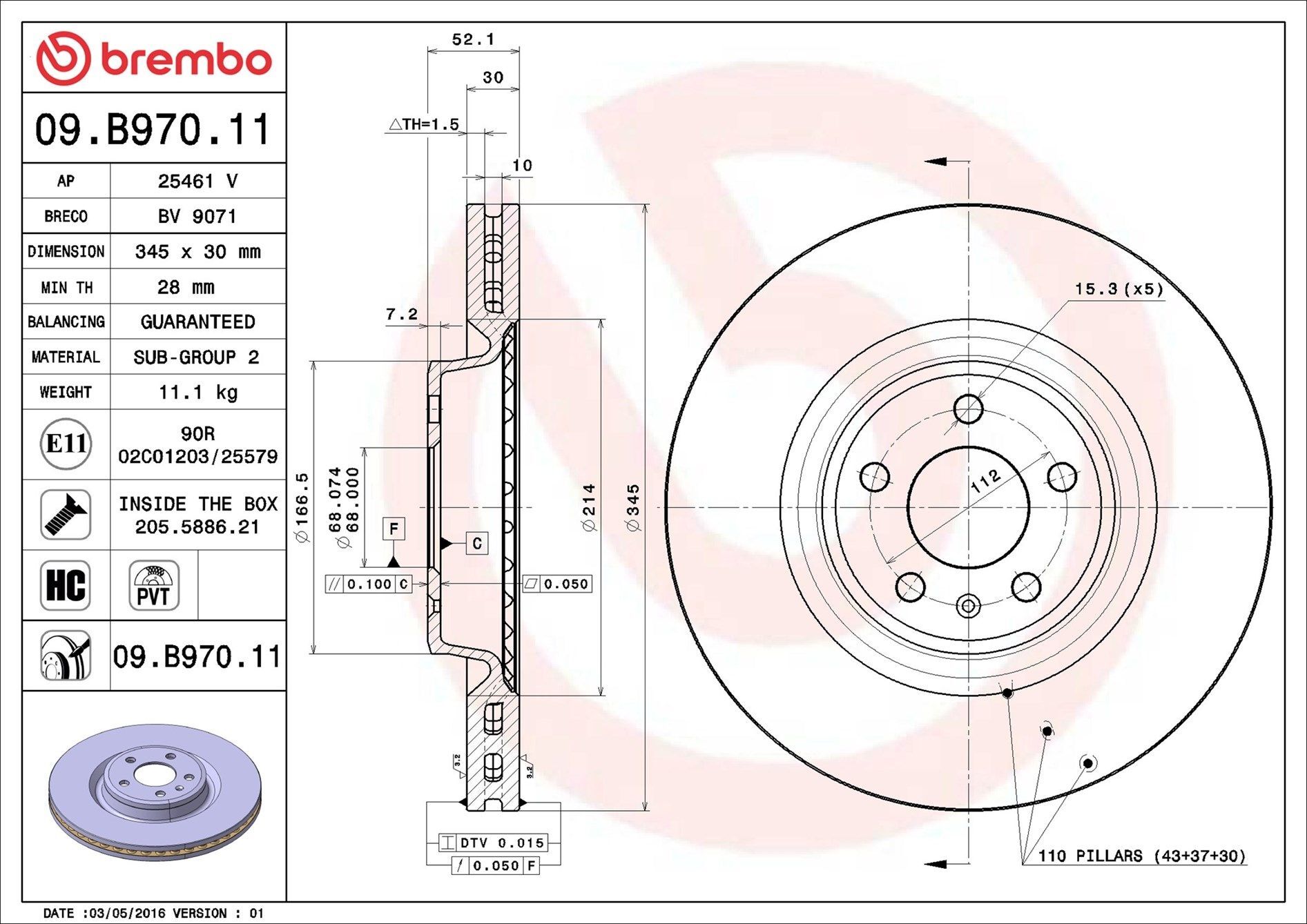 BREMBO 09.B970.11 | Fren Diski Ön (Audi A4 08-16 A5 08-17 A6 11-18 Q5 09-17) | 1 Adet