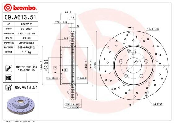 BREMBO 09.A613.51 | Fren Diski (Mercedes C Seri W204 On Sport) | 2 Adet