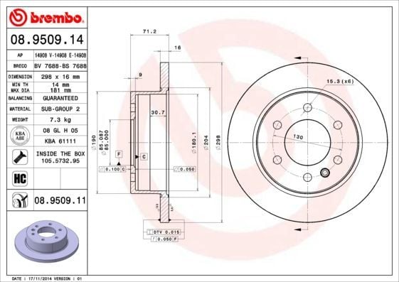 BREMBO 08.9509.14 | Fren Diski Arka (VW Crafter 06-16 Mercedes Sprinter 06-16) | 2 Adet