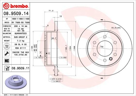 BREMBO 08.9509.14 | Fren Diski Arka (VW Crafter 06-16 Mercedes Sprinter 06-16) | 2 Adet