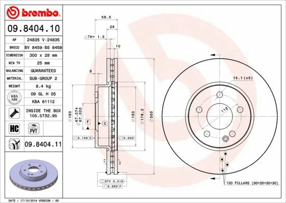 BREMBO 09.8404.11 | Fren Diski Ön Mercedes Viano W639-W447 114-116 CDI Kaplamalı | 2 Adet