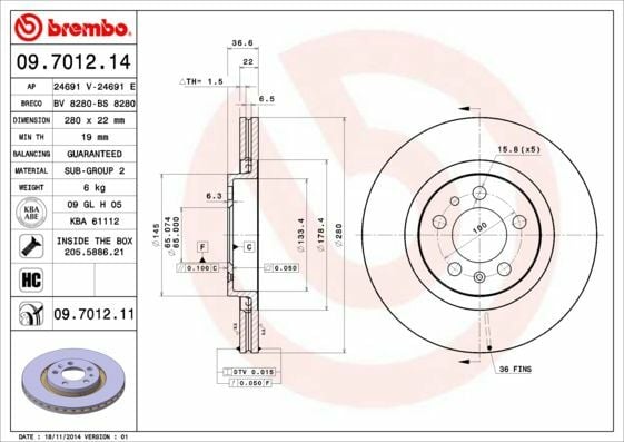 BREMBO 09.7012.14 | Fren Diski Ön-(VW Golf 98-06 Audi A3 97-03 Seat Leon 00-06) 280×22 5×100 | 2 Adet