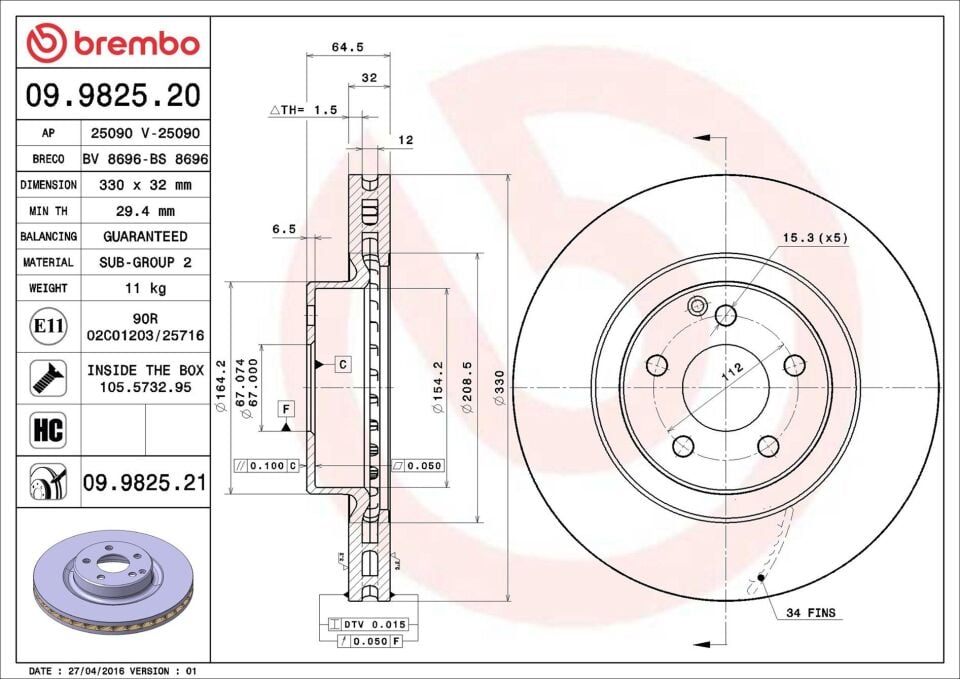 BREMBO 09.9825.21 | Fren Diski Ön UV Coated (Mercedes 211 / 204 / 219 E 350 / 400 / 500 / Gla) | 1 Adet