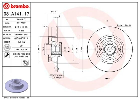BREMBO 08.A141.17 | Fren Diski Arka Wıth Bearıng Kit Renault | 2 Adet