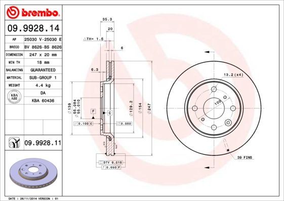 BREMBO 09.9928.14 | Fren Disk Ön Hava Kanallı 247-4-(Peugeot 107 1.0 / 1.4 HDI 2005 /) | 2 Adet